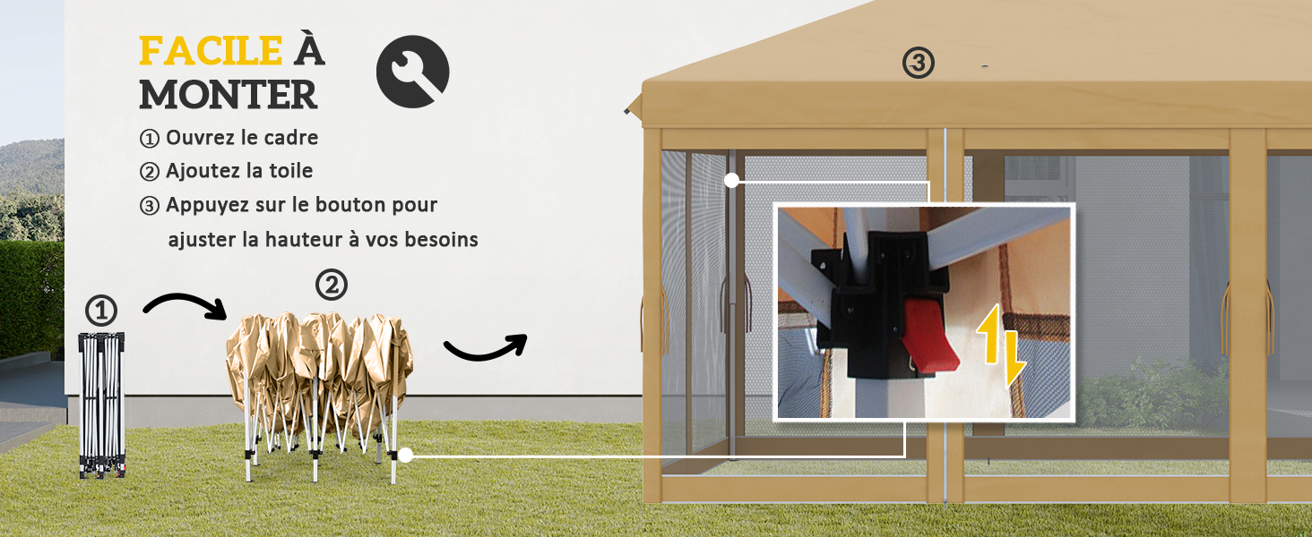 Instructions d'assemblage de la verrière extérieure. Montre un processus de configuration facile avec un cadre pliable et une fonction de hauteur réglable pour une utilisation personnalisée.