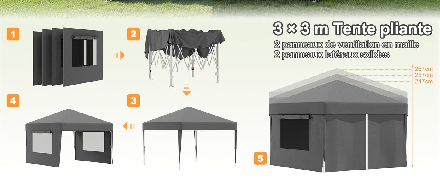 Le texte indique « Tenda pliable de 3,0 m » (tente pliable de 3 m). Gamme de produits comprenant des structures de tentes et d'auvents numérotées dans différentes configurations : tente à baldaquin pliante, cadre de tente traditionnel, tente escamotable et grand abri fermé.