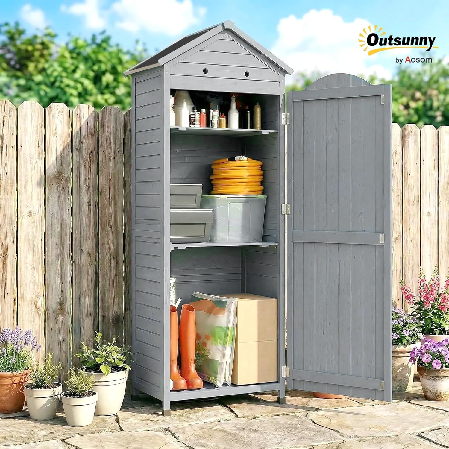 Outsunny - abri de jardin extra haut bois, 85x58x213 cm, étagère, porte galvanisée, ventilation