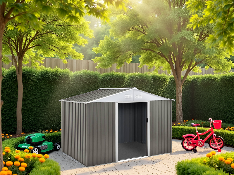 Série d'images extérieures montrant des abris de rangement en métal gris dans un jardin avec des arbres, de l'herbe et des vélos visibles en arrière-plan.