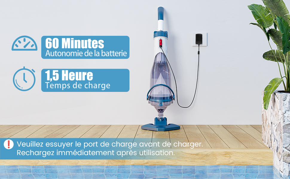 Le texte indique « 60 minutes temps de charge » et « 15 heures ». Instructions de chargement du produit montrant l'appareil connecté au câble de charge avec indicateurs de temps.