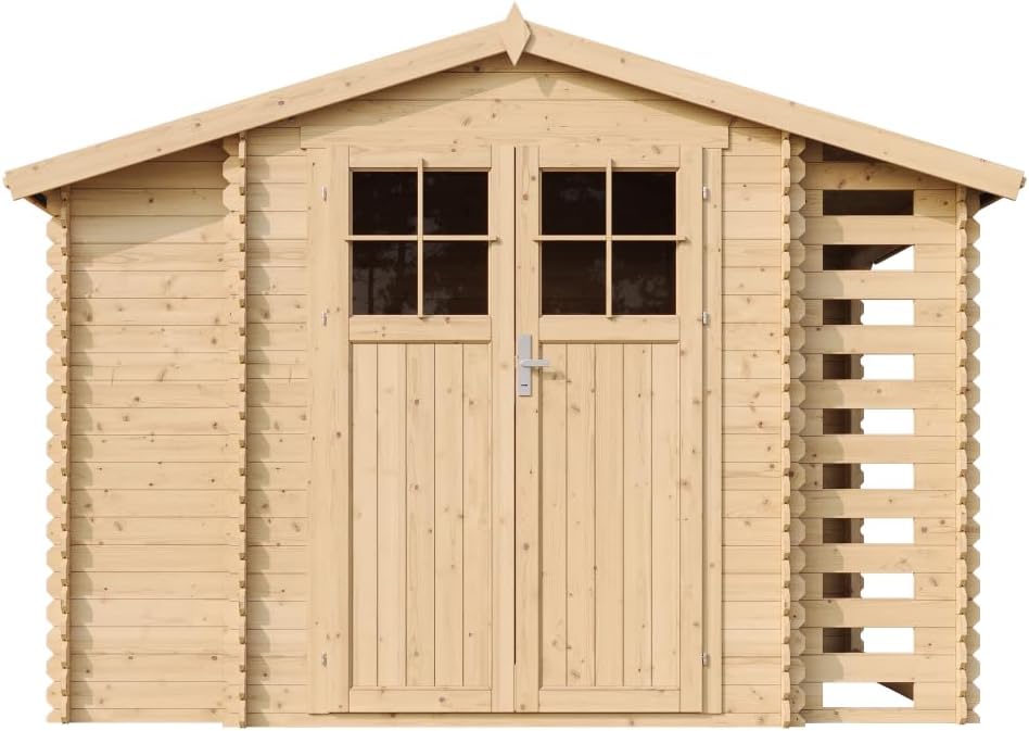 TIMBELA – abri de jardin bois avec range-bûches, 206x328x218 cm, avec sol traité – M389F+M389G