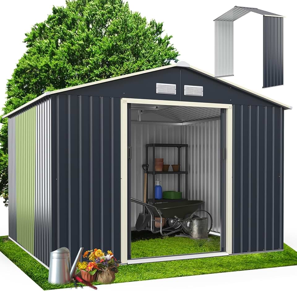 RELAX4LIFE Abri de Jardin Métal 7m2 avec Abri d'Extension Porte Coulissante, Cabane de Jardin Extérieur 267x256x202cm Outils de Jardin résistant aux intempéries, KX7177KV+FR