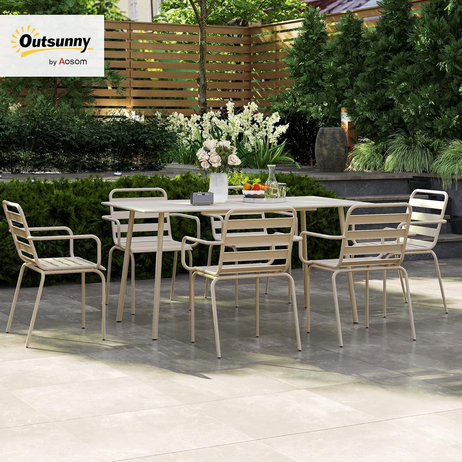 Outsunny - Ensemble salle à manger 7 pcs - table + 6 chaises empilables acier beige