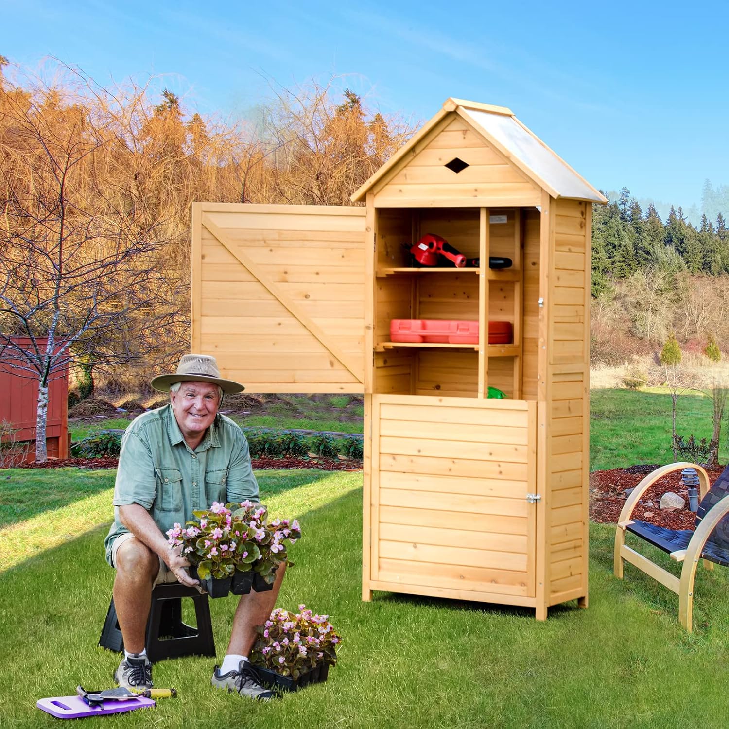 RELAX4LIFE Abri de Jardin en Bois de Sapin avec Porte Verrouillable, Toit Galvanisée,5 Étagères et Compartiment, Cabanon Jardin Extérieur