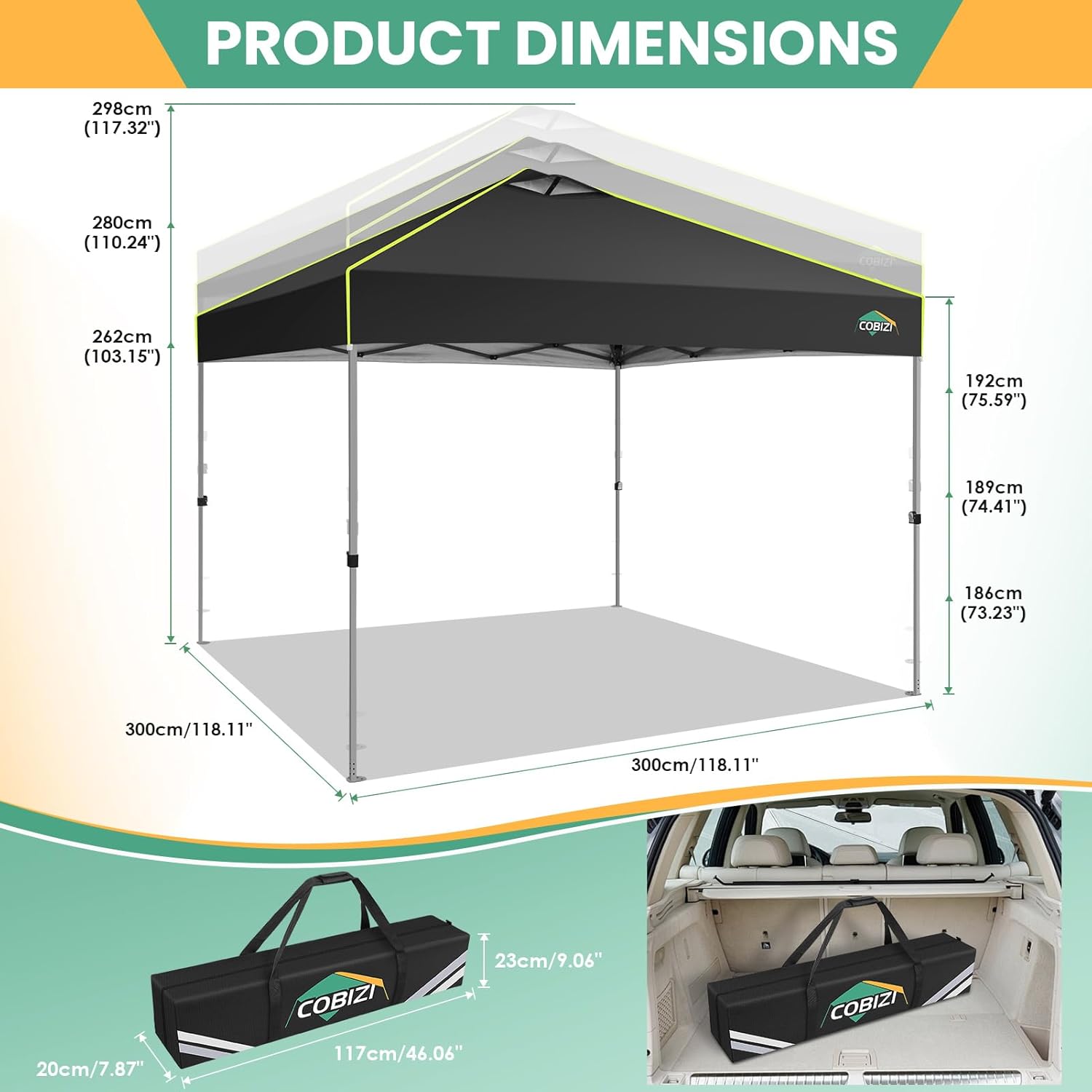 COBIZI - auvent escamotable - 3x3m - UPF50+, imperméable, réglable