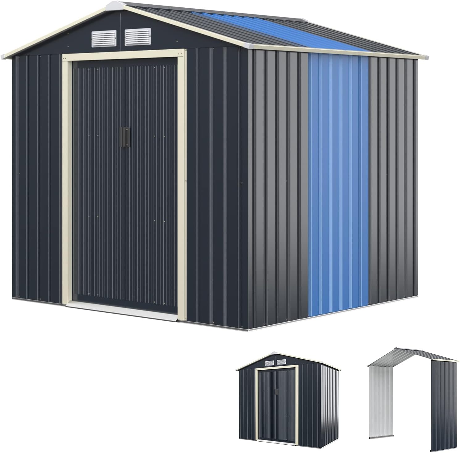 COSTWAY Abri de Jardin en Métal + 1 Kit d'Extension, avec 2 Portes Coulissantes Verrouillables, 4 Trous d’Aération, Toit Penché, Gris pour Vélo, Poubelle (213,5 x 191 x 194,5cm)