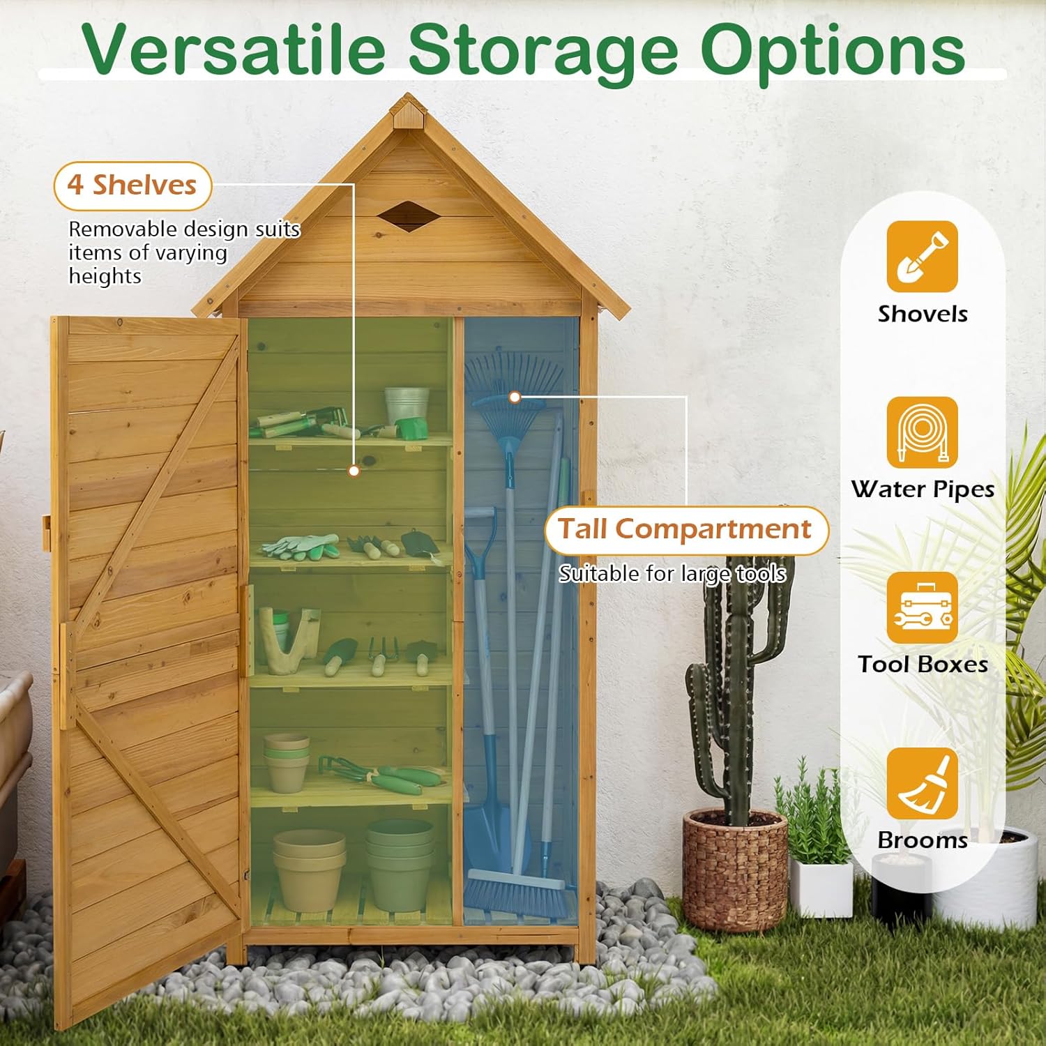 COSTWAY Armoire de Jardin Bois, Abri de Jardin Bois Extérieure avec Porte Verrouillable, Plancher, 4 Étagères Amovibles, Ventilation, Toit en Pente, pour Terrasse, Jardin, Balcon