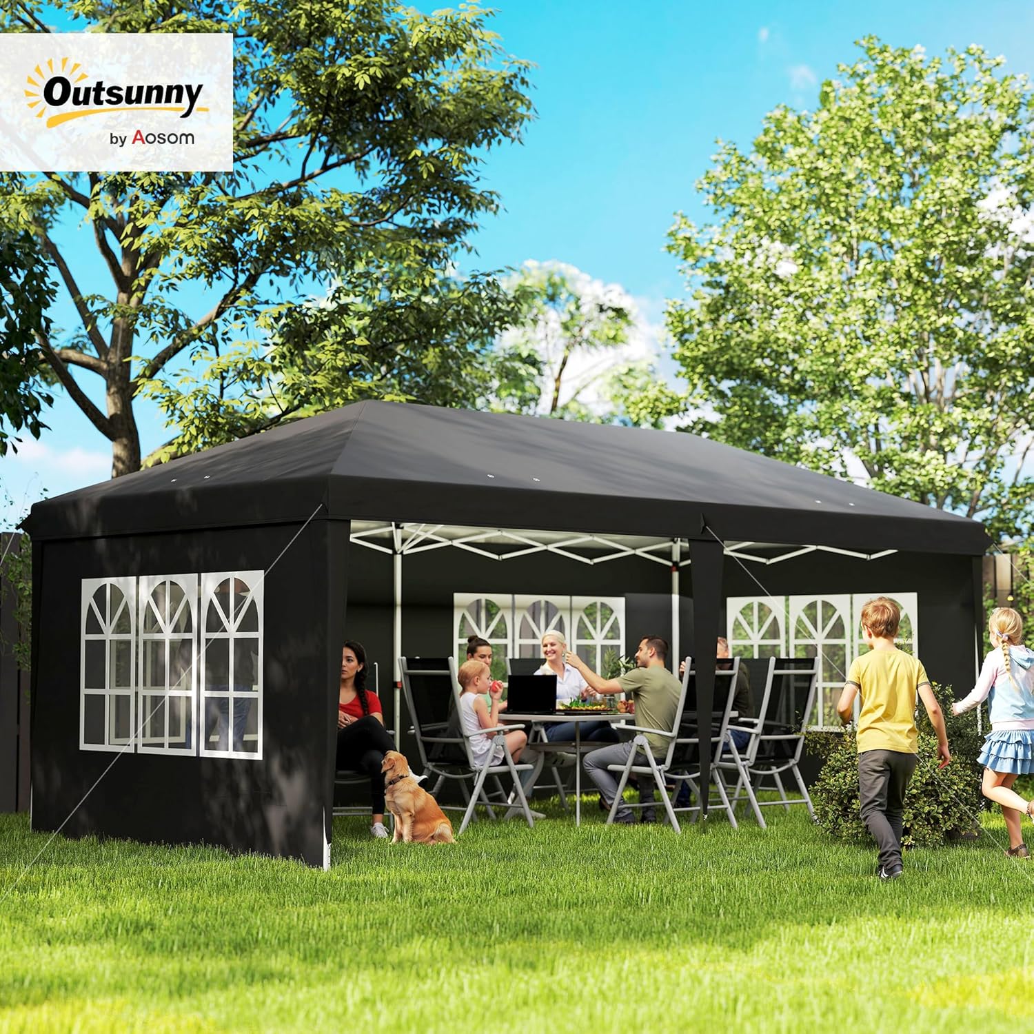 Outsunny - Tonnelle pliante pop-up 3x6m - 3 côtés amovibles, sac de transport, piquets, noir