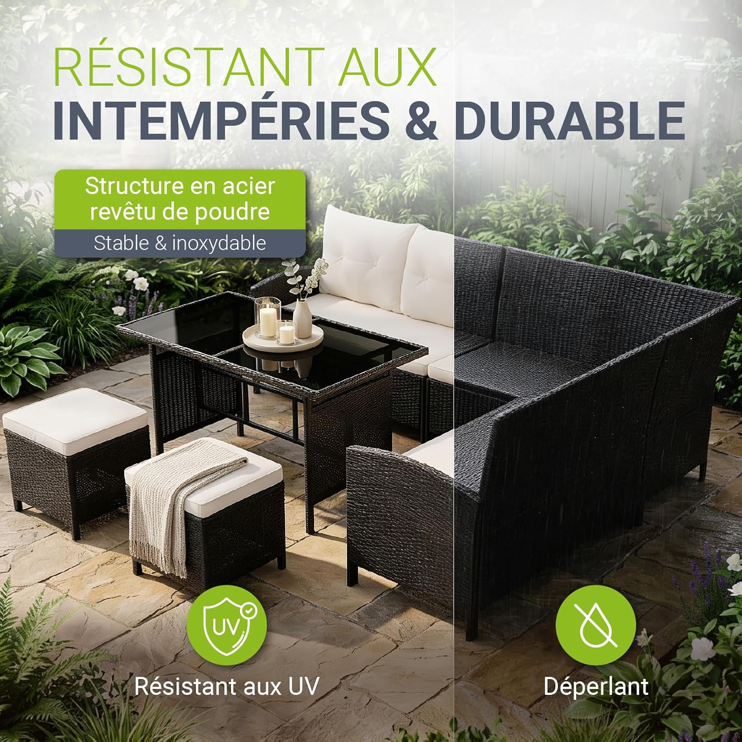 Juskys - Salon Manacor - 7 places, polyrotin noir, coussins crème