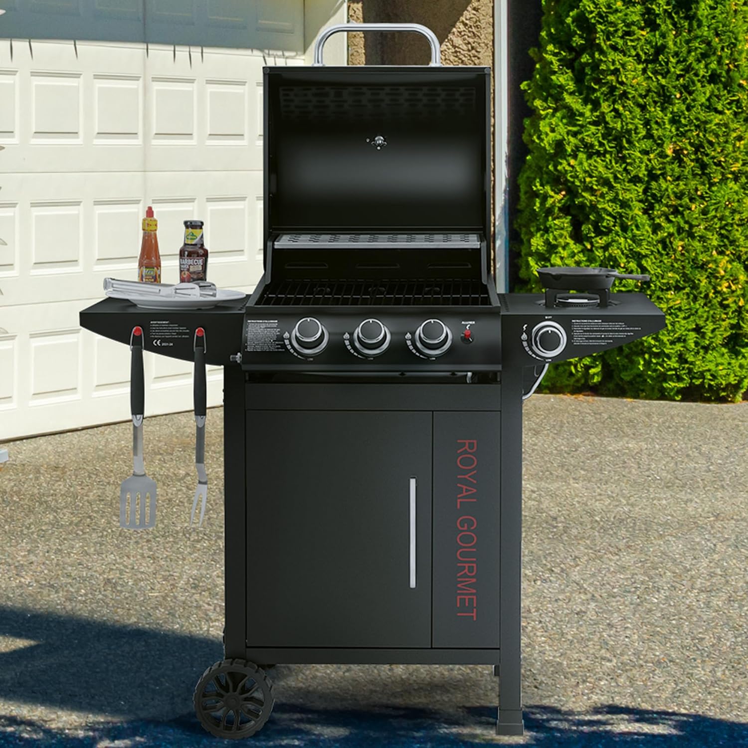 Royal Gourmet - barbecue gaz 3+1 brûleurs inox - 11,5 kW - chariot, 2 roues, thermomètre
