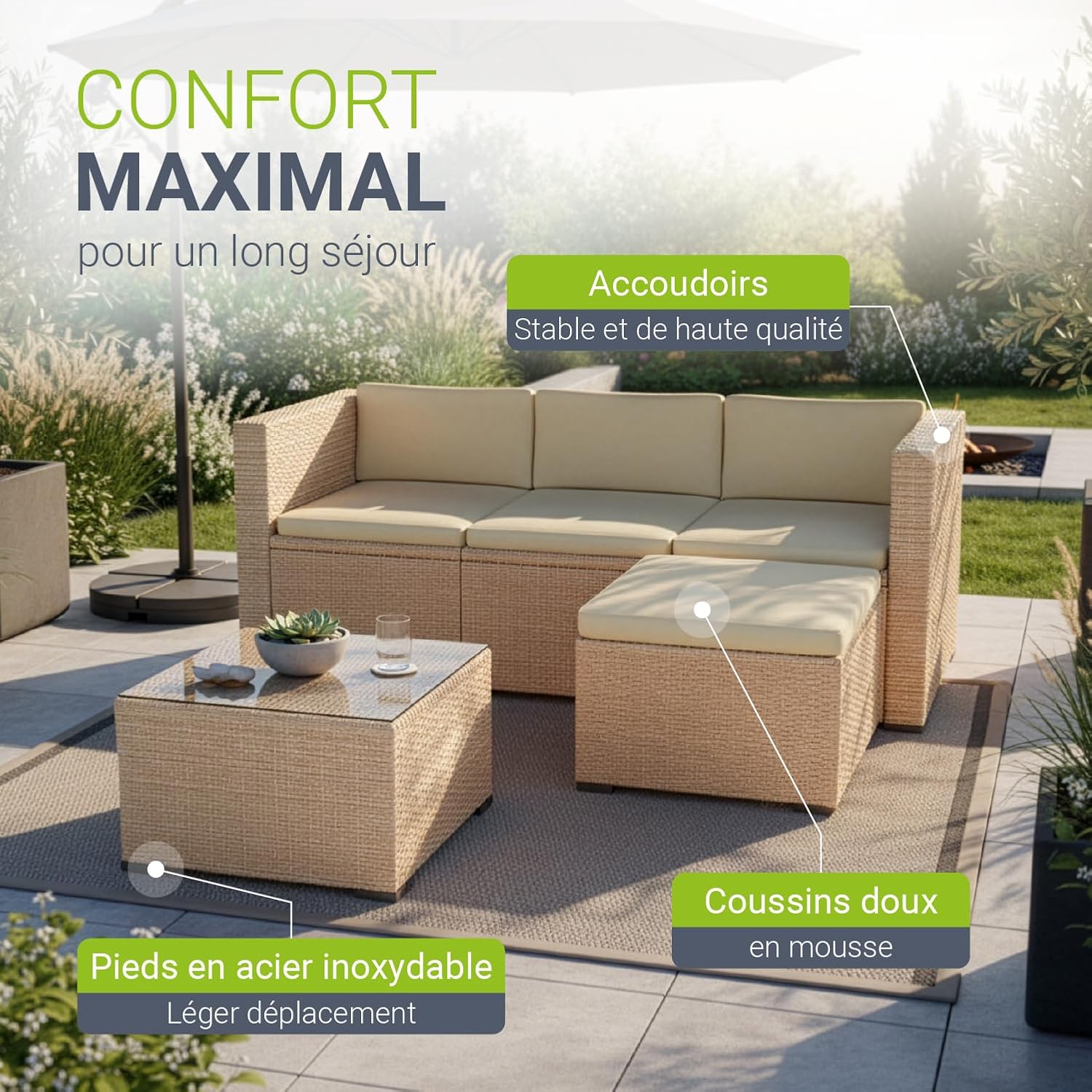 Juskys - Punta Cana M - canapé, tabouret, table, coussins - pour 3-4 personnes