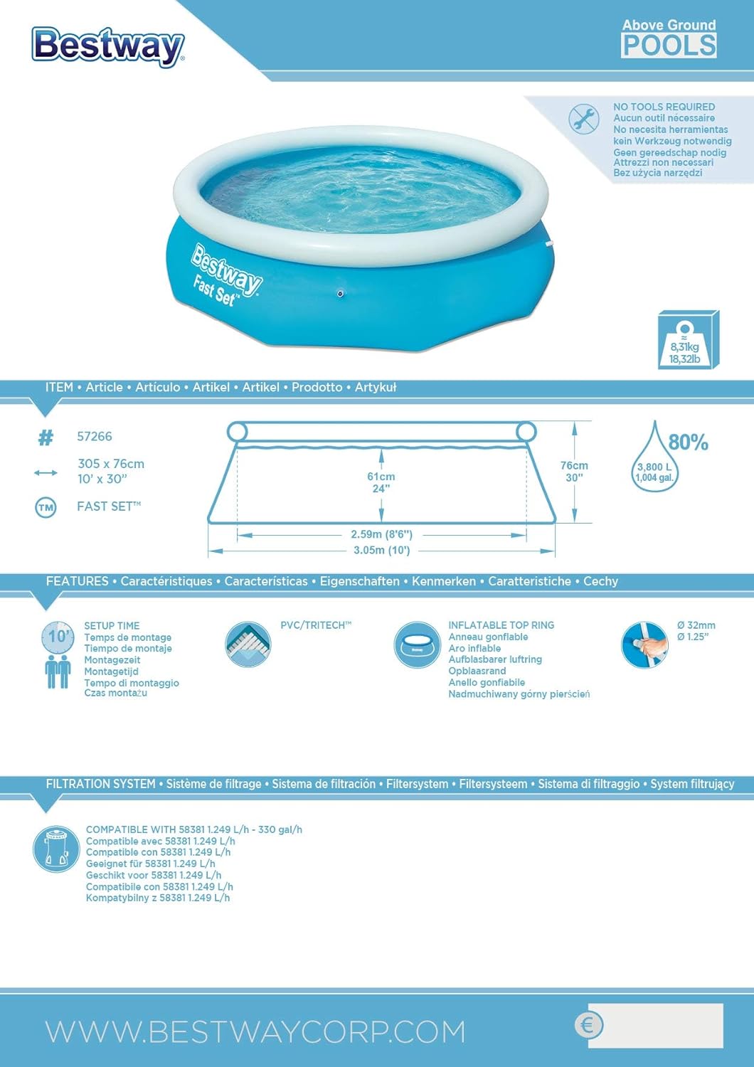 Bestway 57266 Piscine Hors Sol Fast Set diamètre 305 x 76 cm Effet Pierres