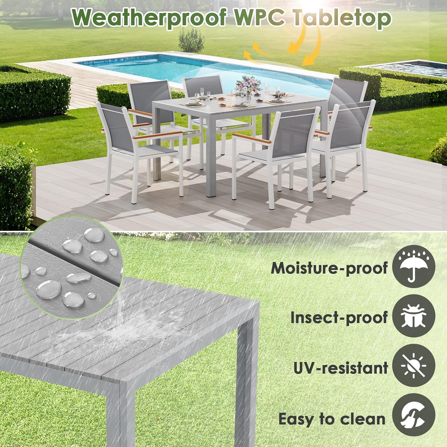 LIFERUN - table rectangulaire aluminium 140x90x75cm 6 pers gris