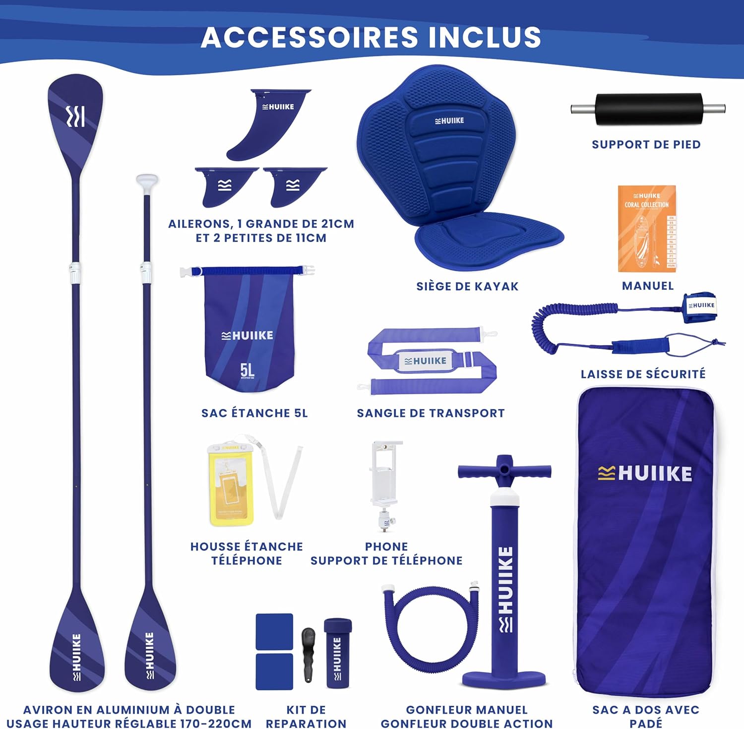 HUIIKE Paddle Gonflable Adulte avec Accessoires Inclus, Pagaie, Ailerons, Pompe. Planche de Stand Up Paddle Grande Stabilité et Résistance. 305 x 84 x 15 cm, Jusqu'à 130 kg