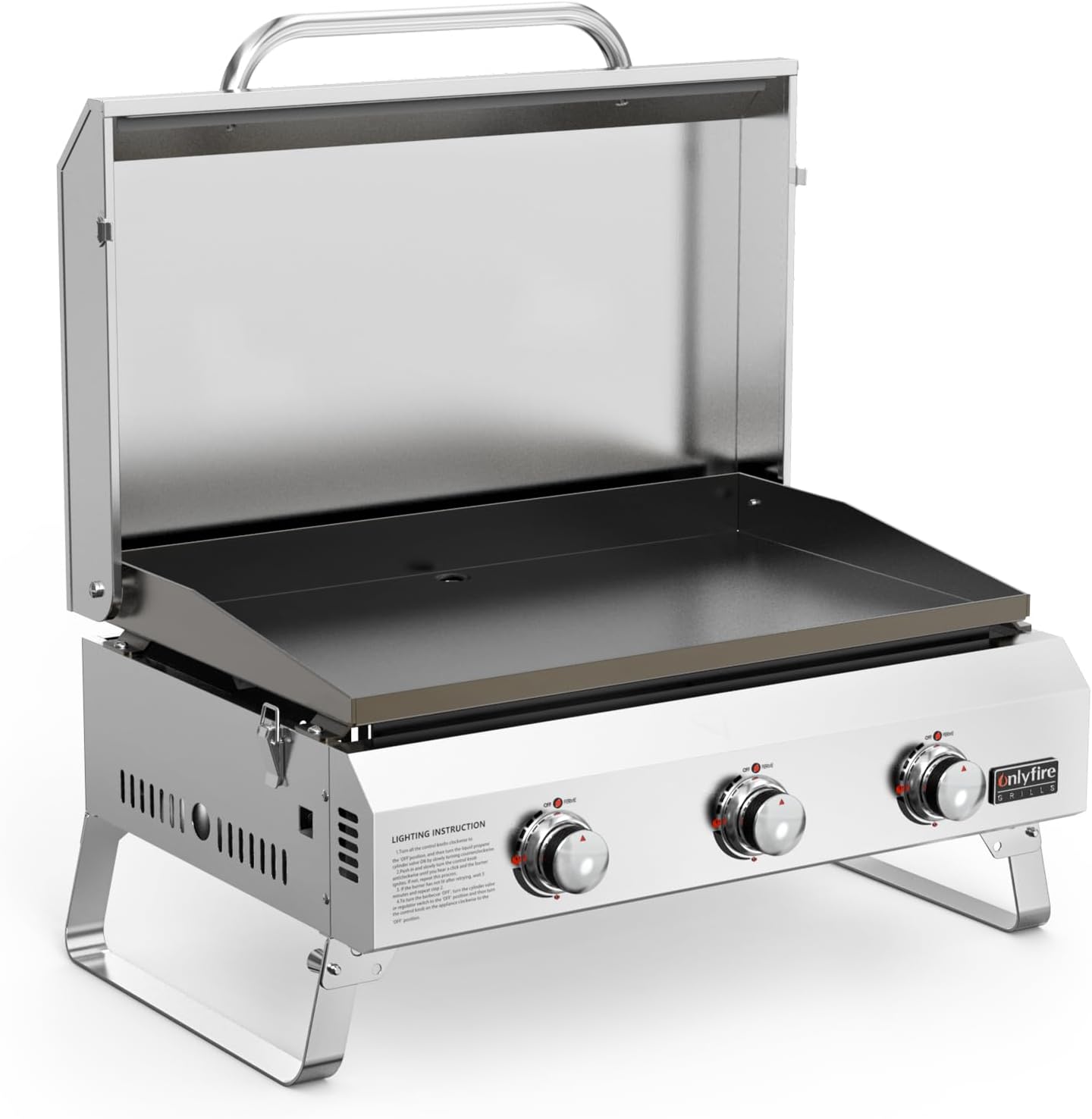 onlyfire - Plancha gaz inox - 57x36cm - 3 brûleurs, 7kW, céramique, pieds pliables