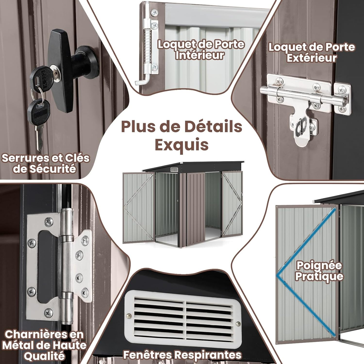 COSTWAY - Abri jardin métal 2,6㎡ - porte clé, aération, toit pente