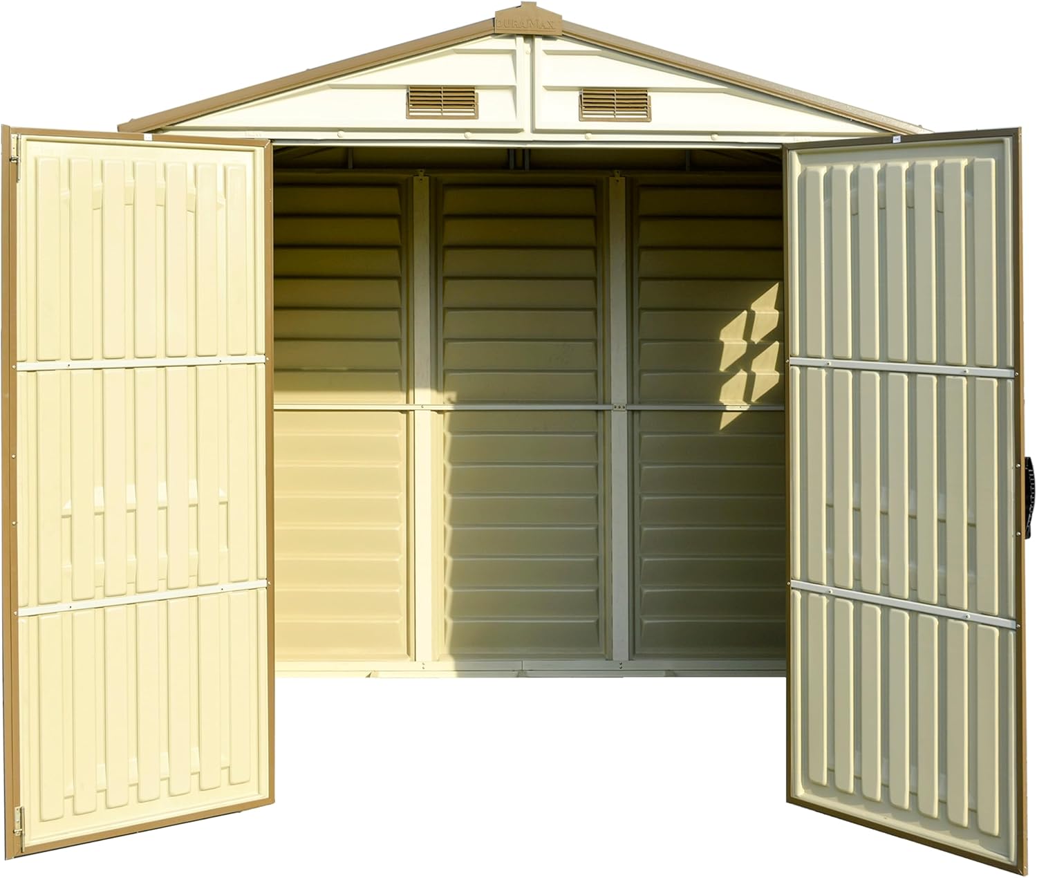 Duramax StoreAll 8 x 6 (3.85 m²) Abri de jardin en plastique avec 1 fenêtre fixe et kit de fondation en métal, structure de toit en métal robuste, ignifuge et sans entretien - Ivory/Brown