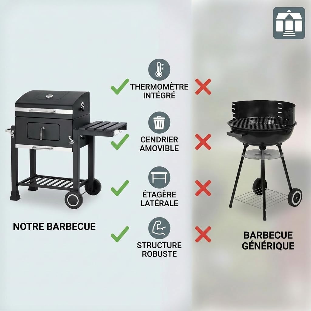 Tarrington House - Memphis - acier, grille, tablette pliable, roulettes, thermomètre, bac à cendres