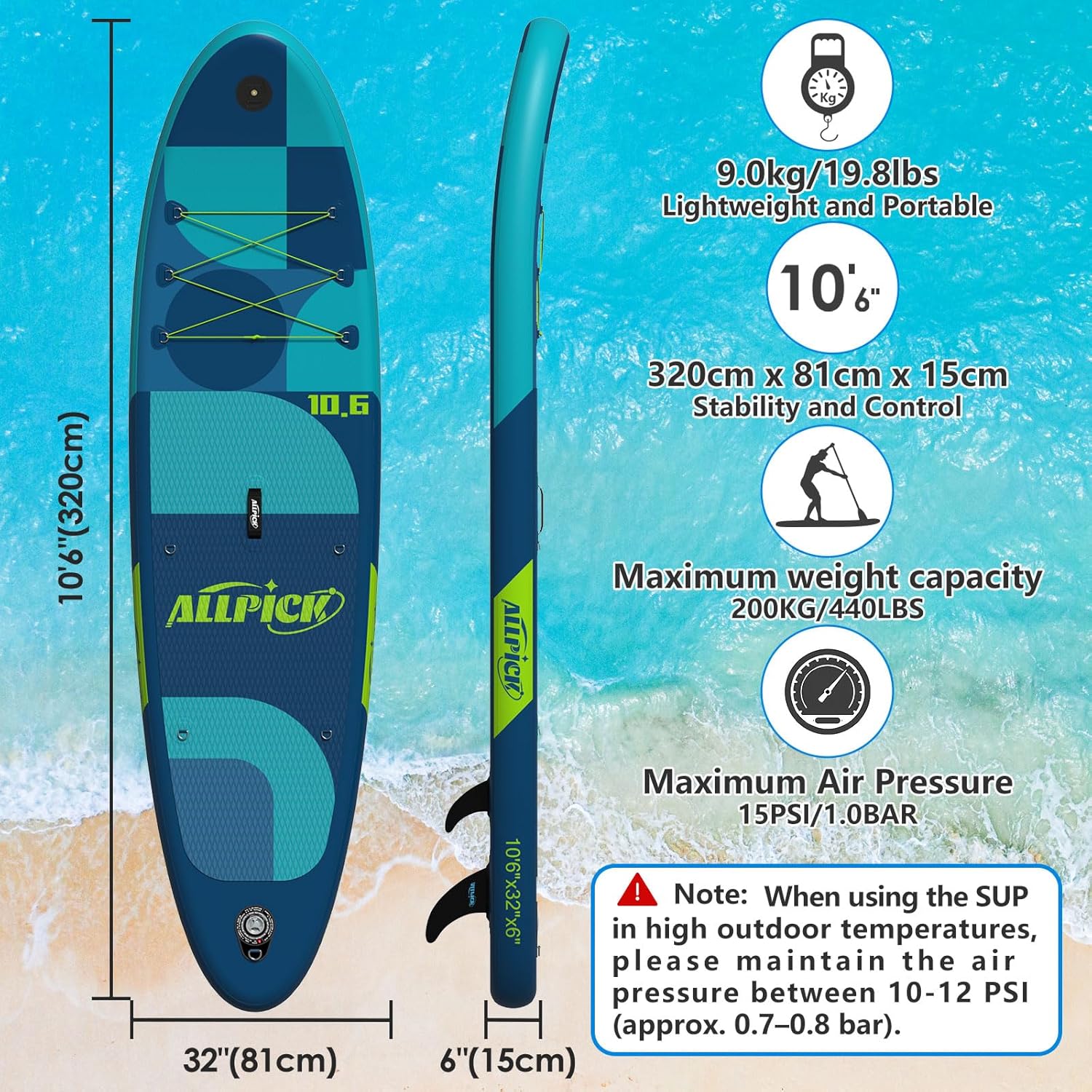 ALLPICK Paddle Gonflable, Kit de Padelsurf de Stand Up Paddle Sup Gonflable de 320 cm, avec Support Universel pour Caméra, Pagaie réglable, Débutants et confirmés, 200 kg