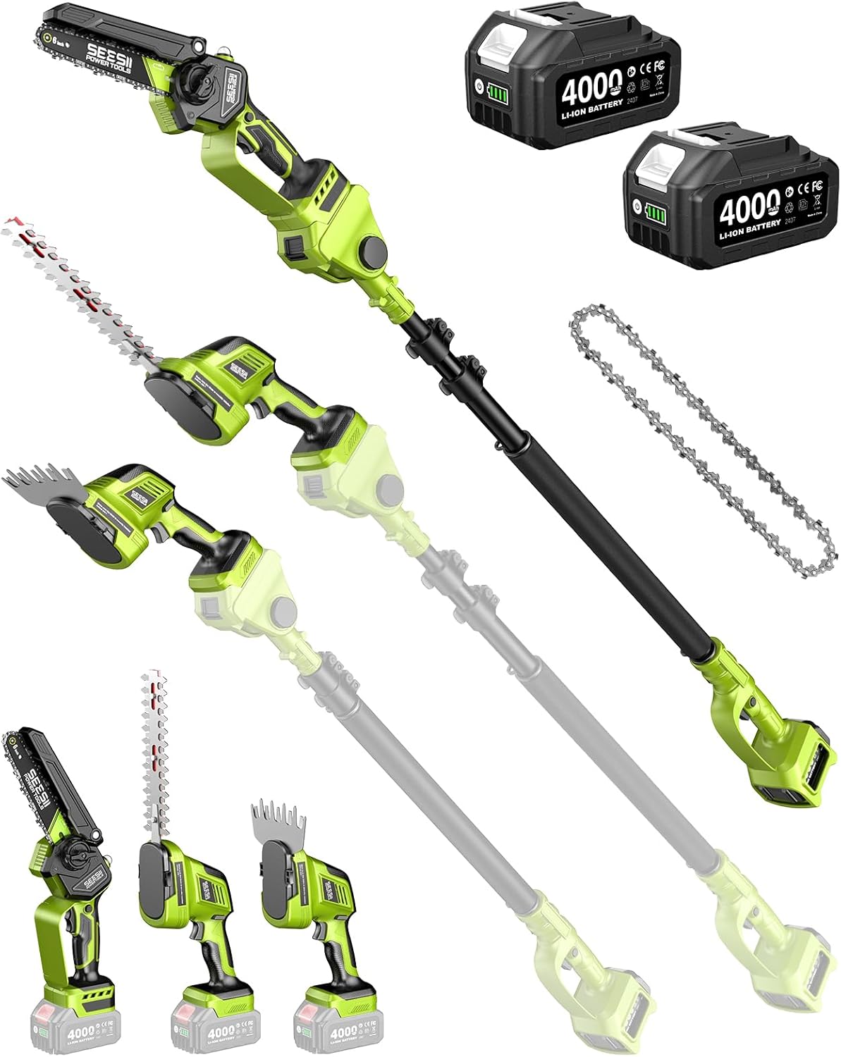 Supstable - Kit de jardin 6-en-1 sans fil 4,57 m - mini tronçonneuse, taille-haie, élagueuse, 2x4000mAh