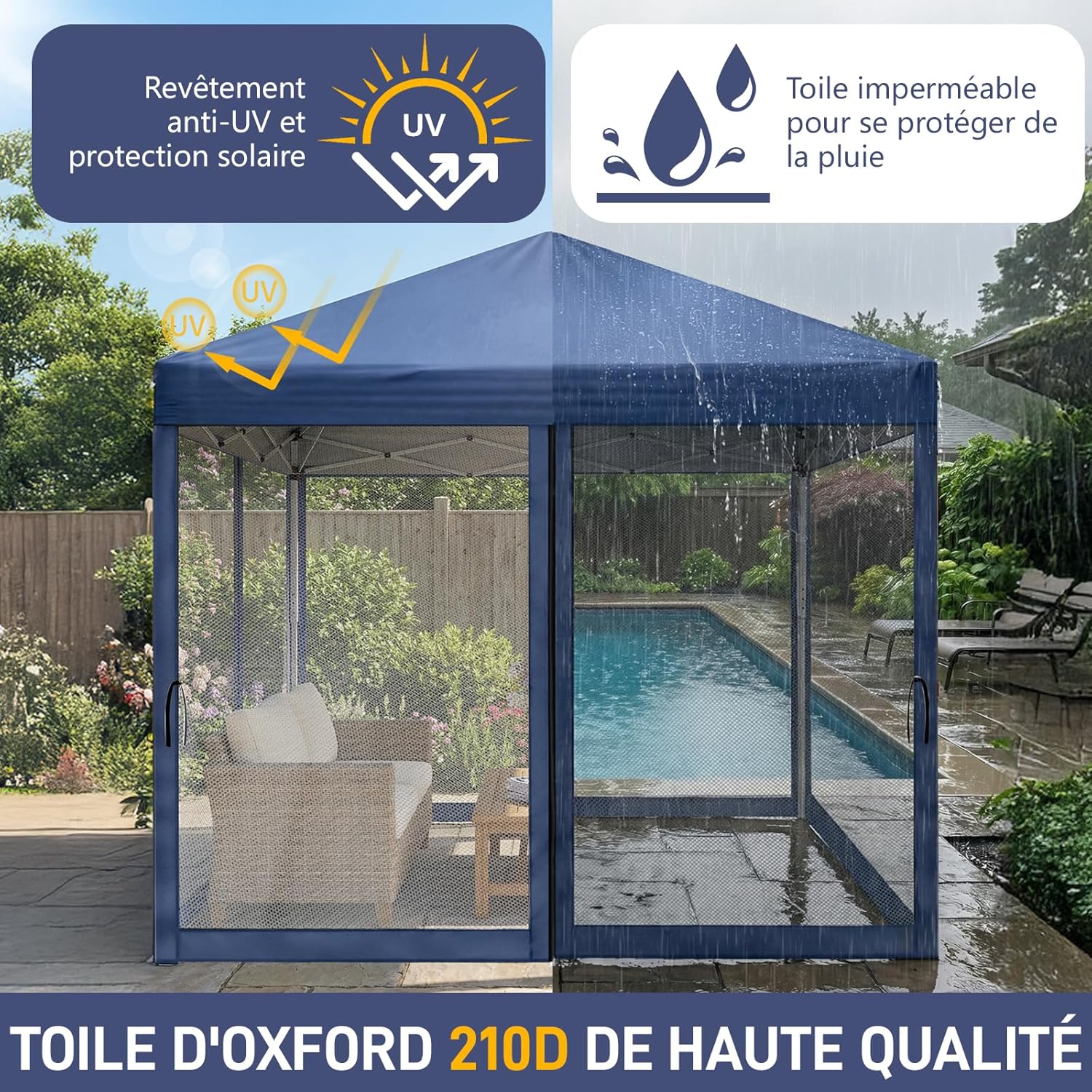 LEADZM - tonnelle pliable série, 3x3m, imperméable, anti-UV, hauteur ajustable, 4 moustiquaires, structure stable, bleu
