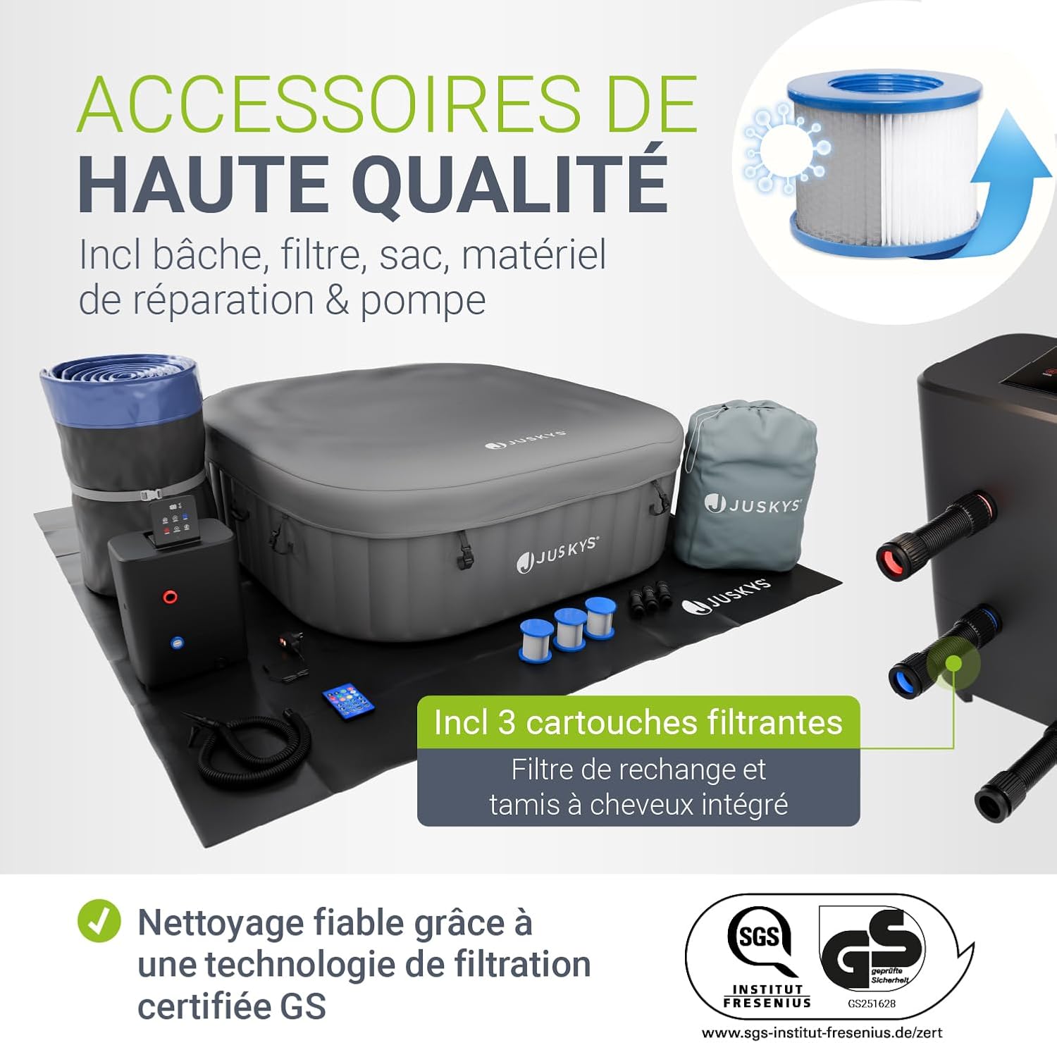 JUSKYS® Bain à remous SpaLuxe – Structure extérieure, 130 Buses, Puissance Totale 3000 W, modèle Gris/Bleu