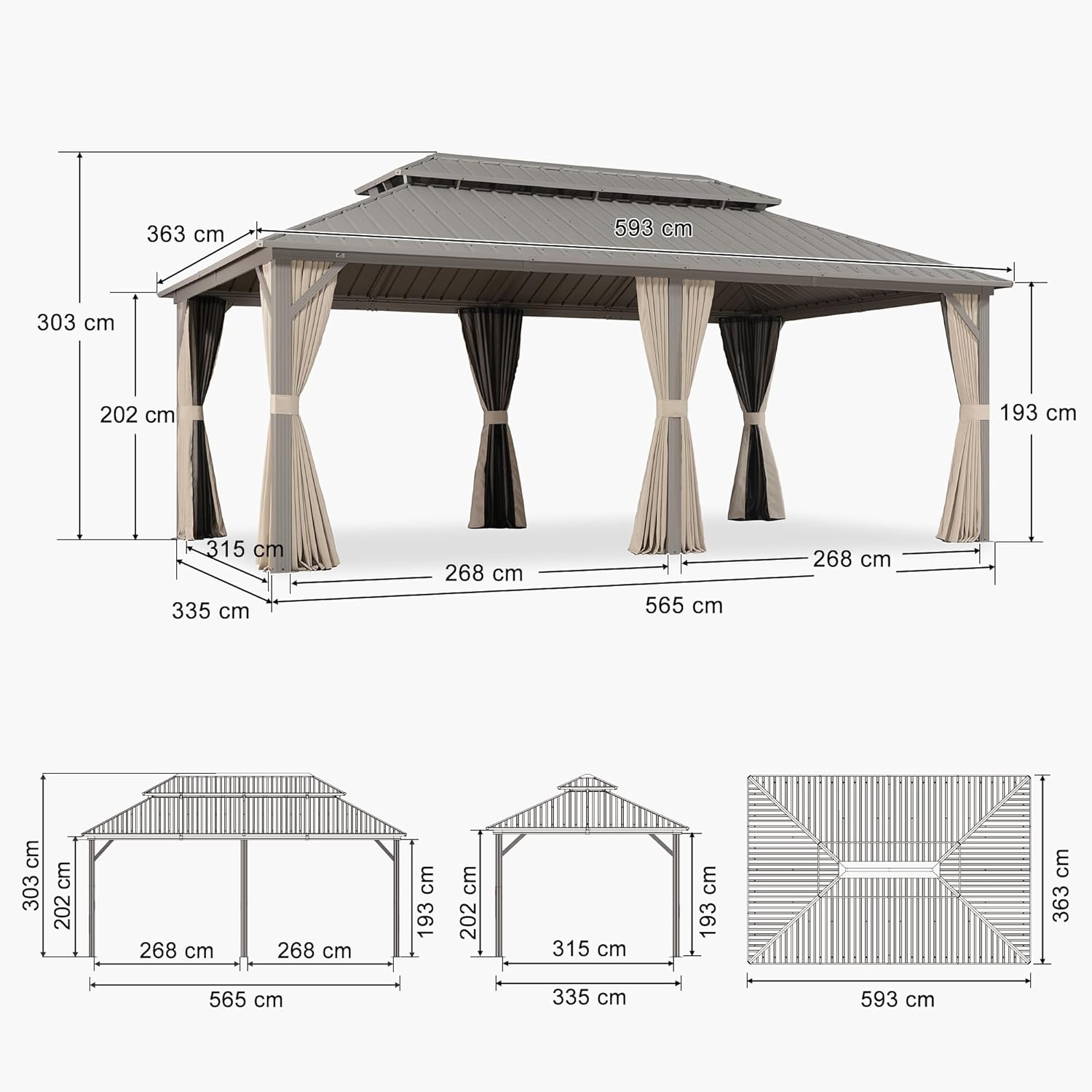 PURPLE LEAF Tonnelle de Jardin Extérieur 6 x 3,65 m avec Guirlande Lumineuse, Pergola Aluminium à Toit Rigide en Acier Galvanisé, Pavillon Imperméable pour Camping, Fête, Barbecue, Champagne