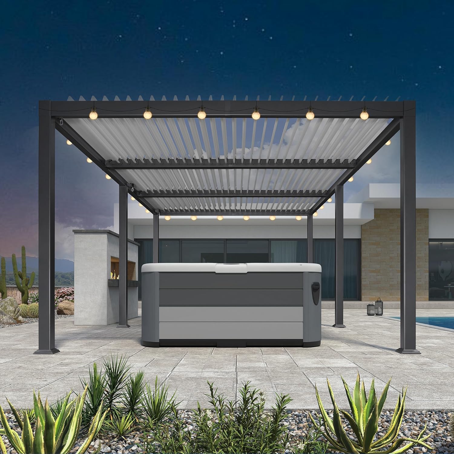 PURPLE LEAF - Pergola Bioclimatique - 6,35x3,5m - Aluminium, éclairage, lames orientables, poteaux blancs