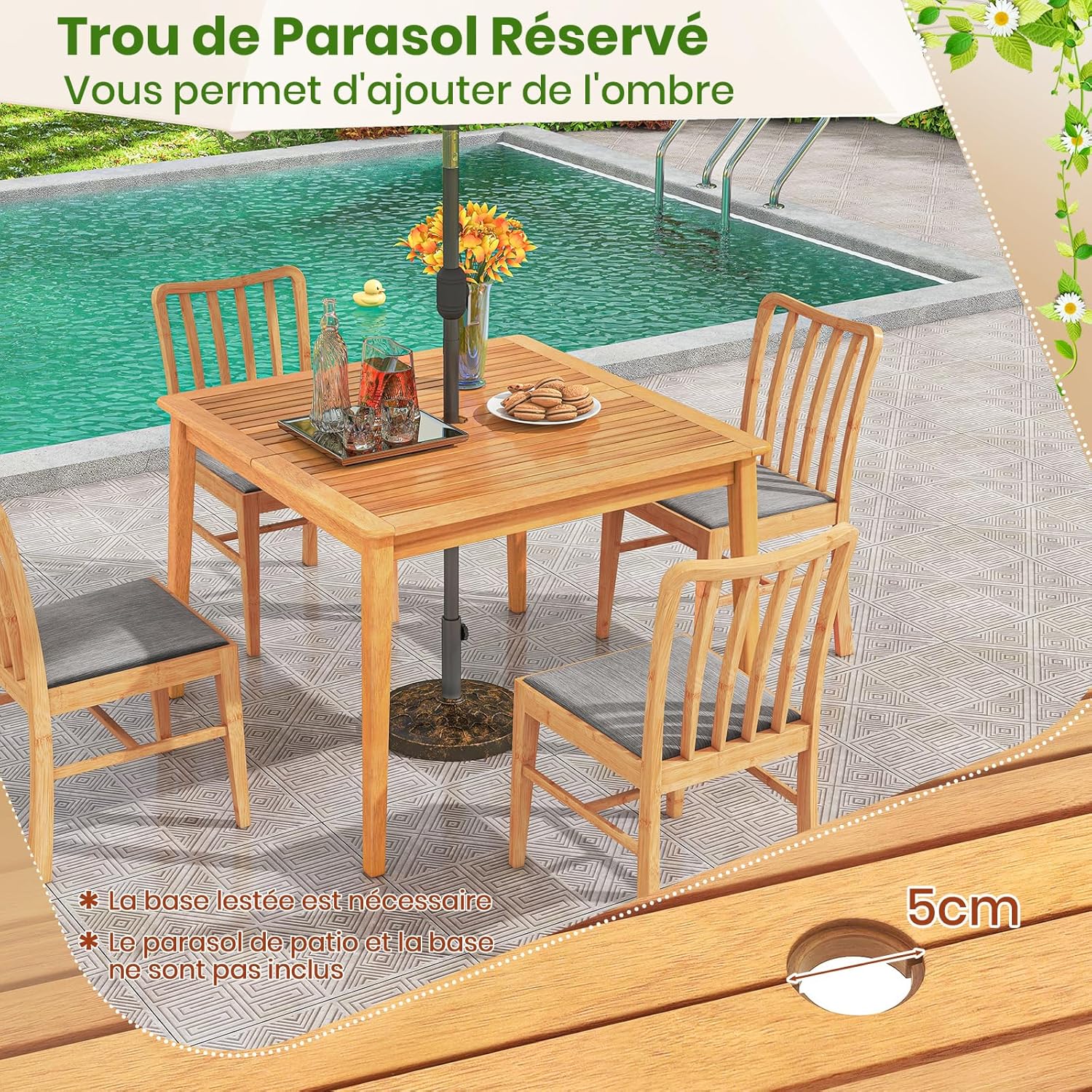 COSTWAY – Table de jardin carrée 100x100 cm – bois d’acacia, trou parasol