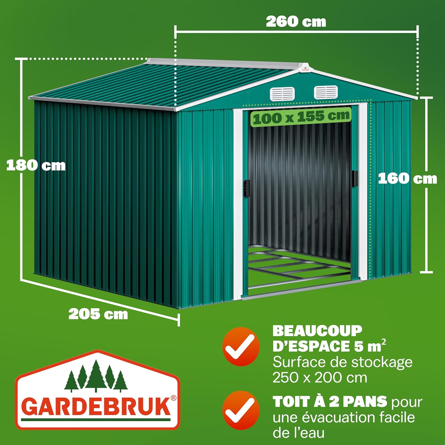 GARDEBRUK - Abri de jardin métal XXL - 260x205x180cm - porte coulissante, fondation, 9m³