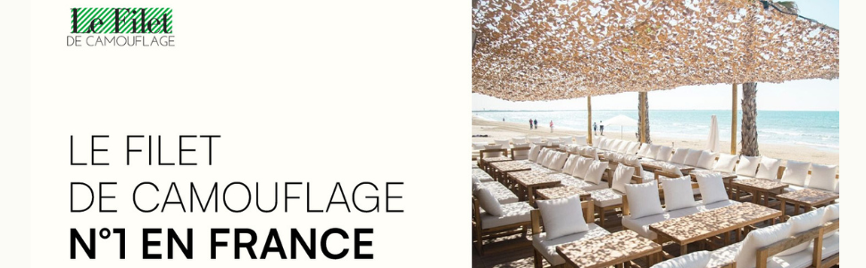 Le texte se lit comme suit : « LE FILET DE CAMOUFLAGE N'1 EN FRANCE ». Image divisée montrant du texte et une table extérieure placée sous ce qui semble être un filet de camouflage.