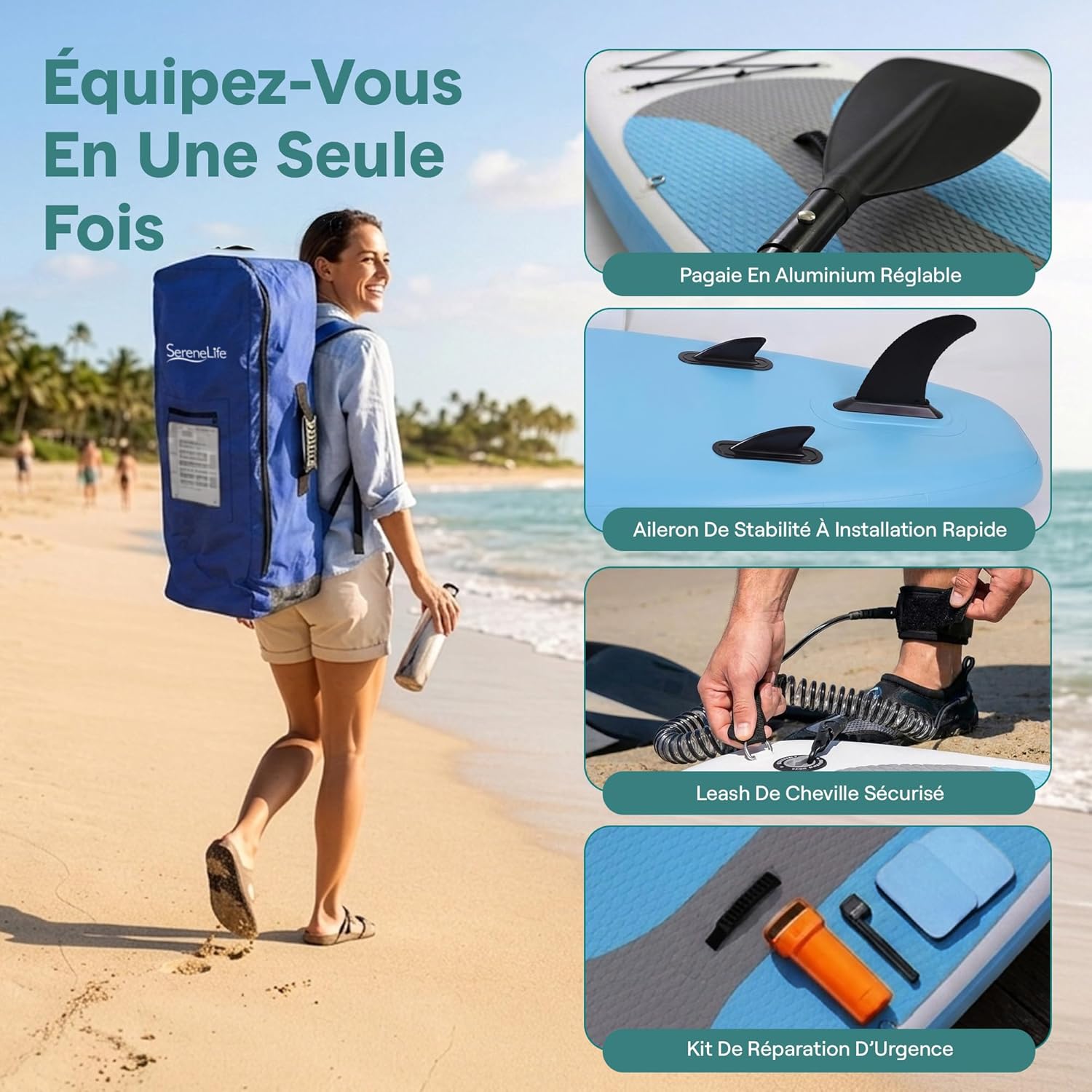 SereneLife Stand Up Paddle Gonflable Adulte 6” – Planche de Paddle avec Accessoires Sup, Sac de Transport, Pont Antidérapant, pour Mer, Lac, Rivière