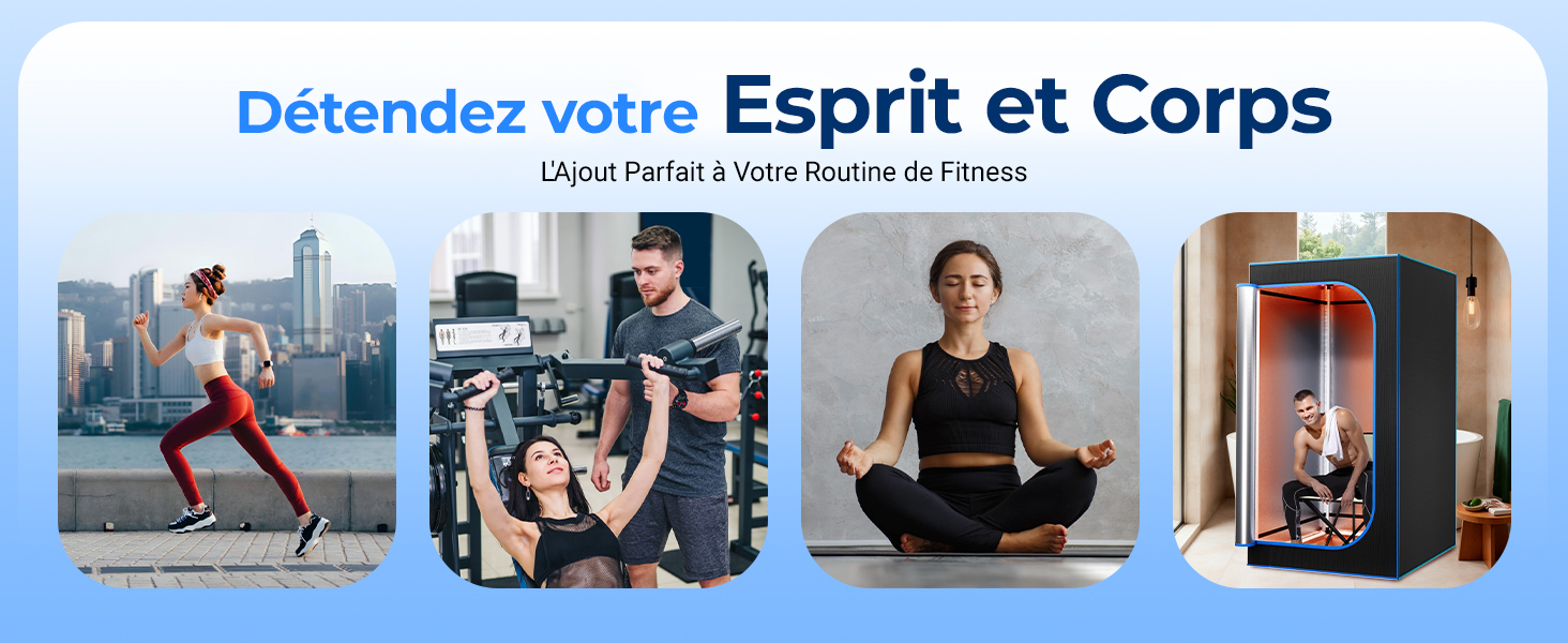 sur le fitness présentant quatre panneaux présentant des activités physiques : course en plein air, musculation, méditation et utilisation de l'équipement.
