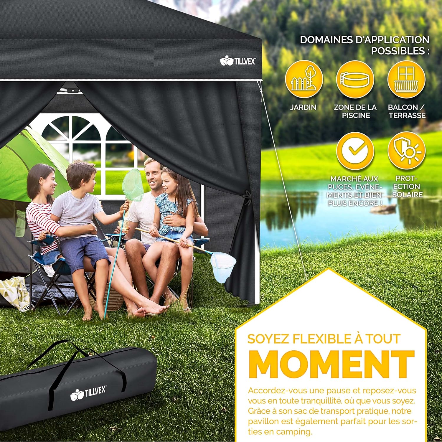 Tillvex - Tonnelle pliante 3x3m - Réglable, UV50+, sac inclus