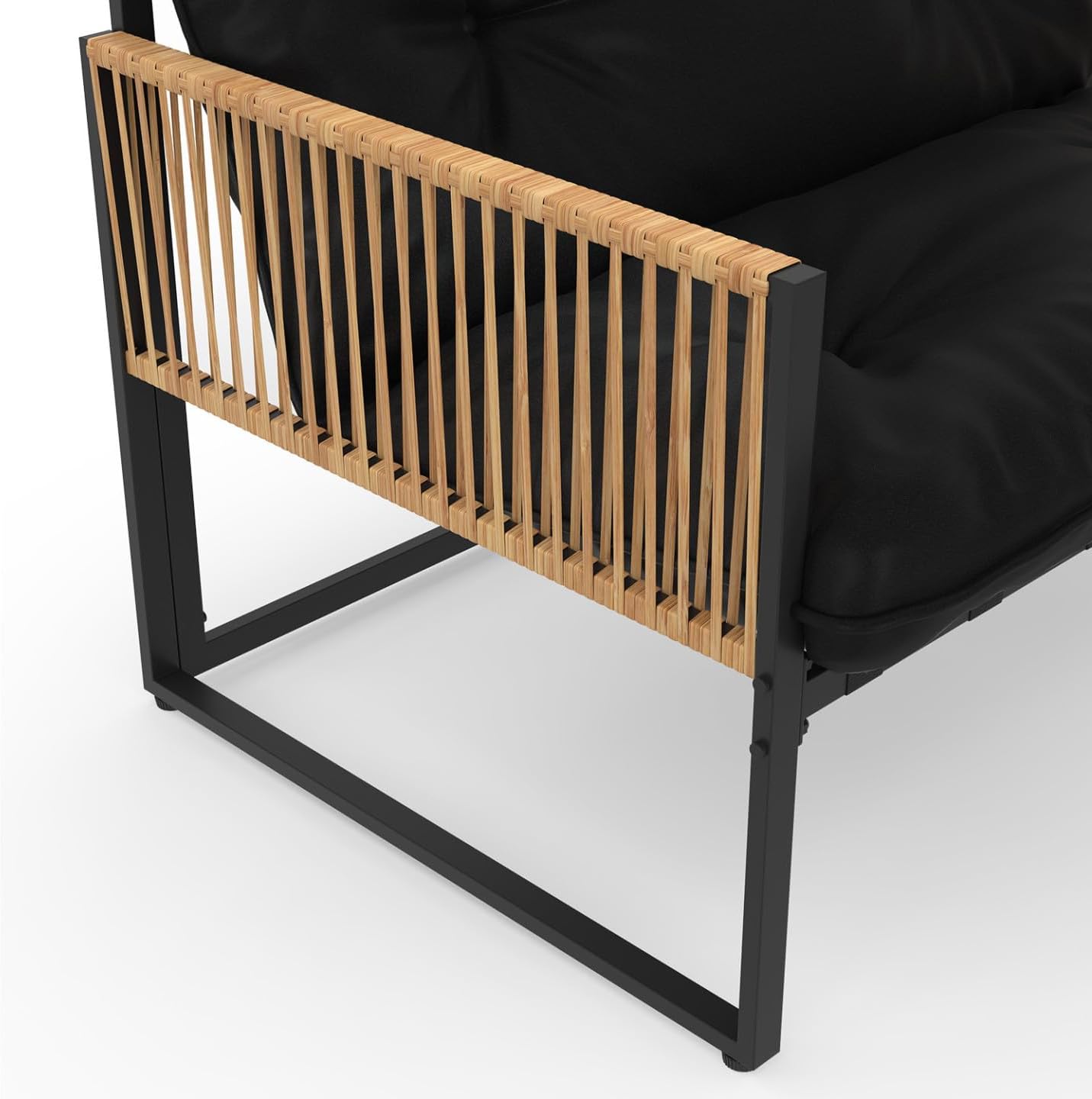 IDMarket - salon de jardin bas Rio - 6 places angle - métal et cordage rotin, coussins noirs