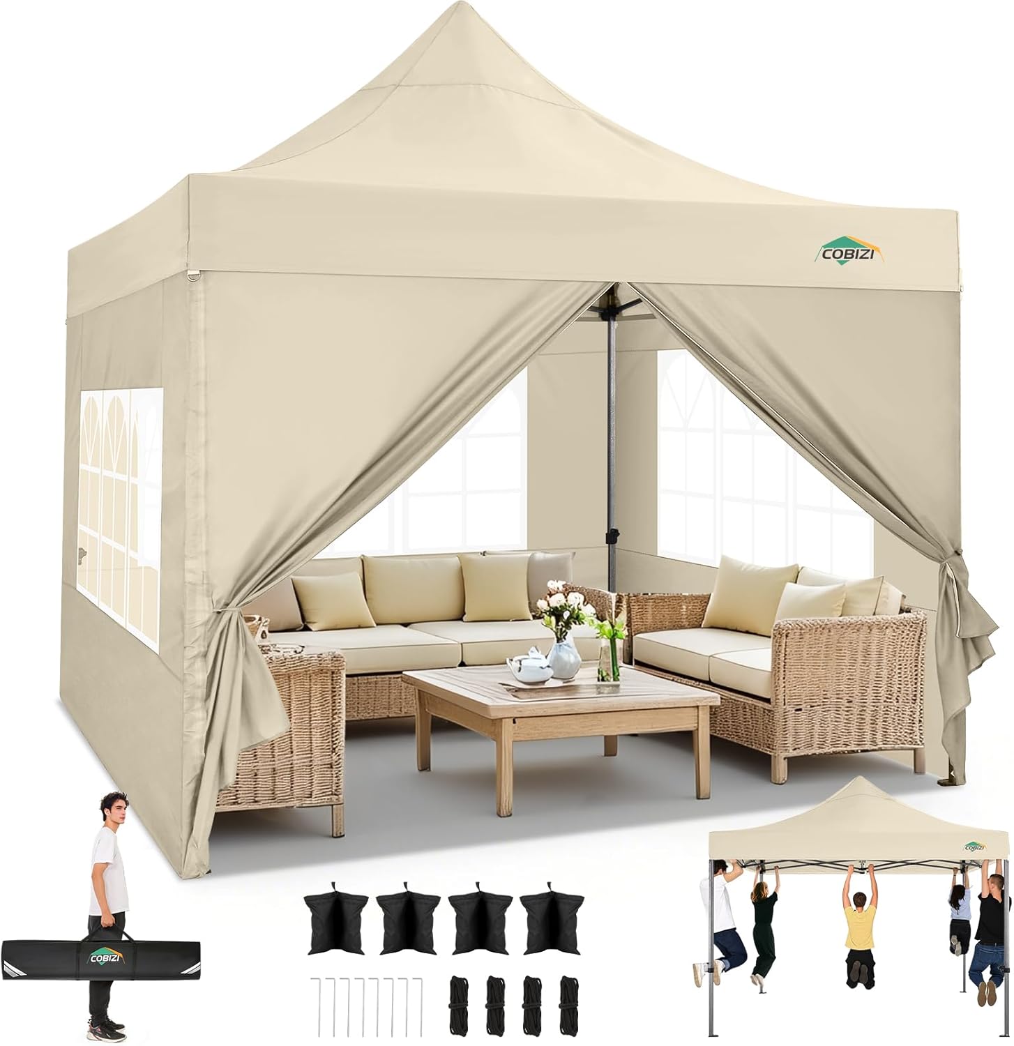 COBIZI - tonnelle pliante - 3x3 m - étanche, hiver, UV50+, 3 hauteurs, 4 panneaux, kaki