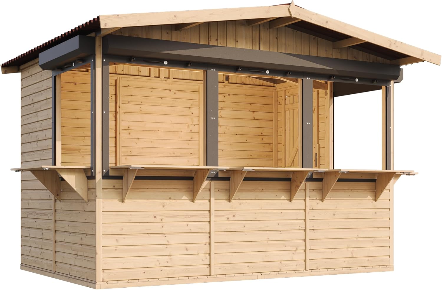 TIMBELA Abri de Jardin en Bois M150BZ – Kiosque Bois - Stand Marché avec 5 Fenêtres + Volets roulants, L336xP263xH232 cm / 6 m², Facile à Monter et à Démonter, Bar Jardin