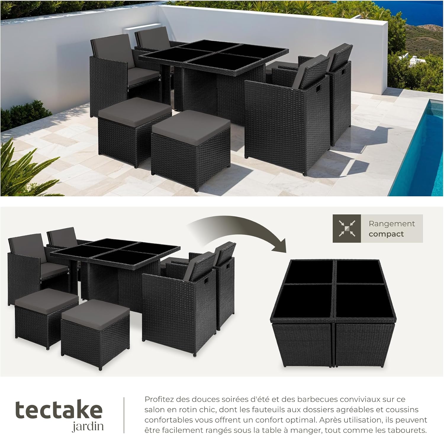tectake - Salon de Jardin 8 places - alu, poly rotin, table large, noir