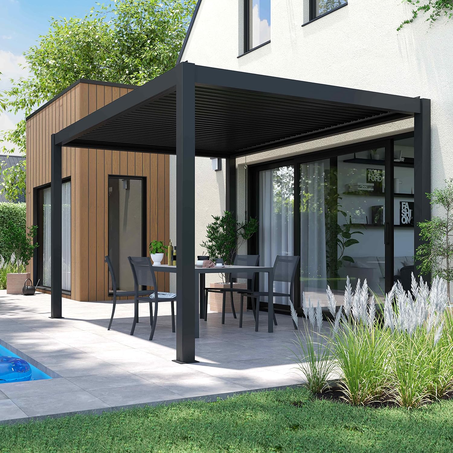 Oviala - Pergola bioclimatique 3x4m autoportée - 2 stores - gris
