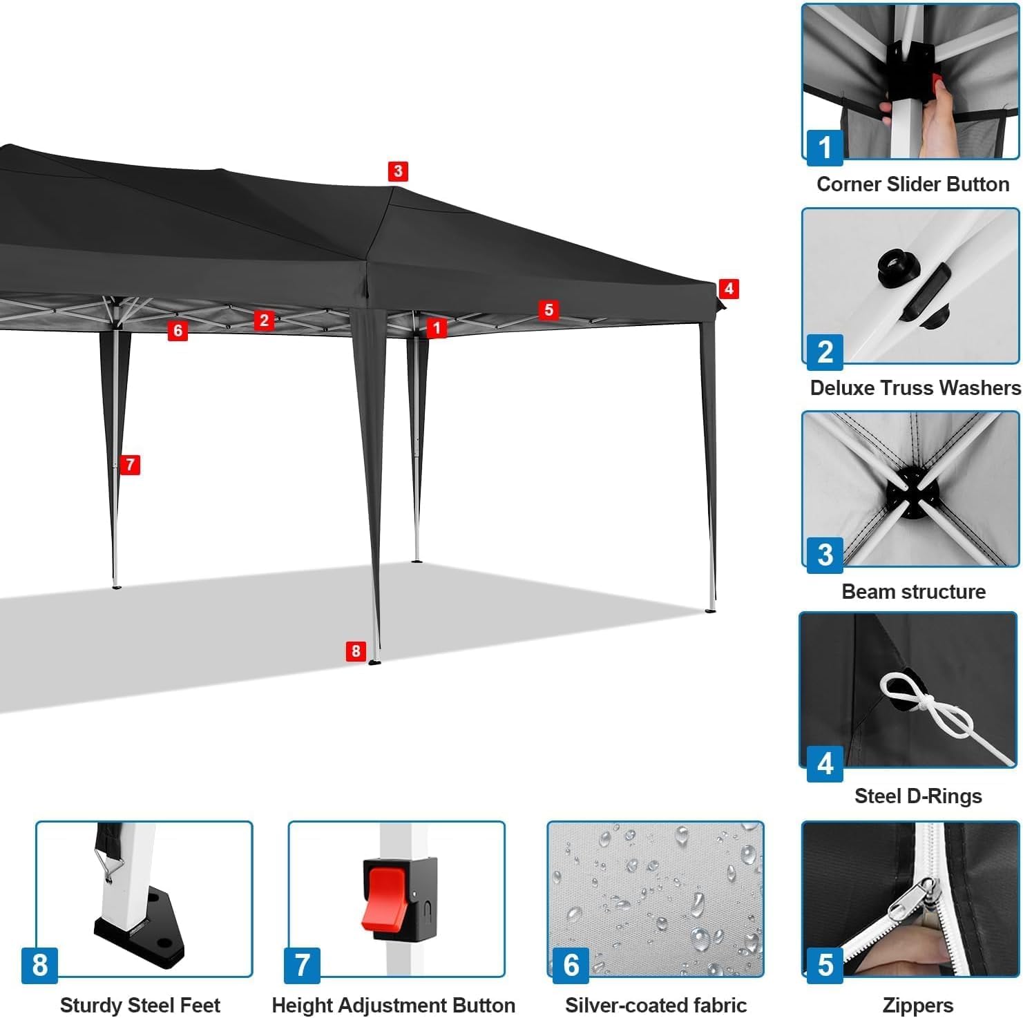 COBIZI - Tonnelle pliante 3x6m étanche, stable, anti-UV, 6 parois