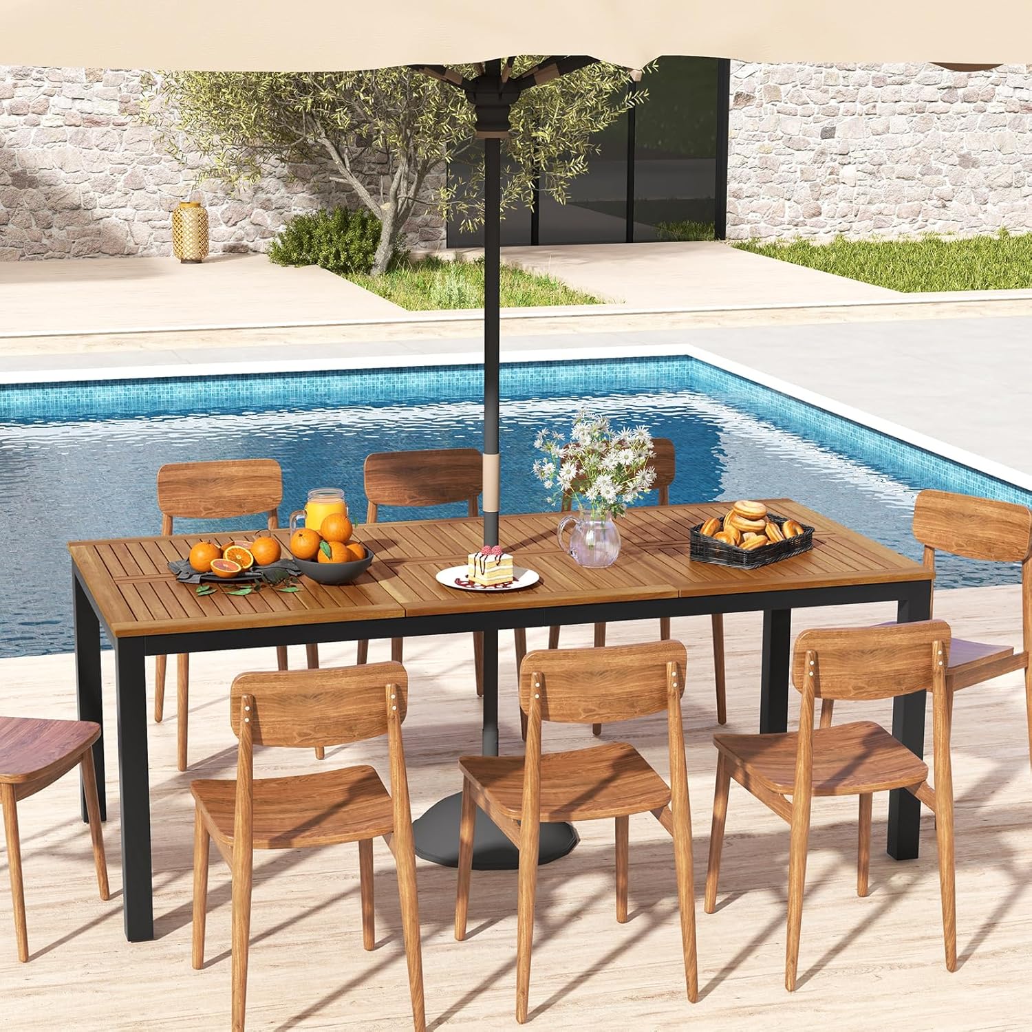 Costway - Table de jardin rectangulaire 200 cm, bois acacia, 8 pers, trou parasol, pieds métal