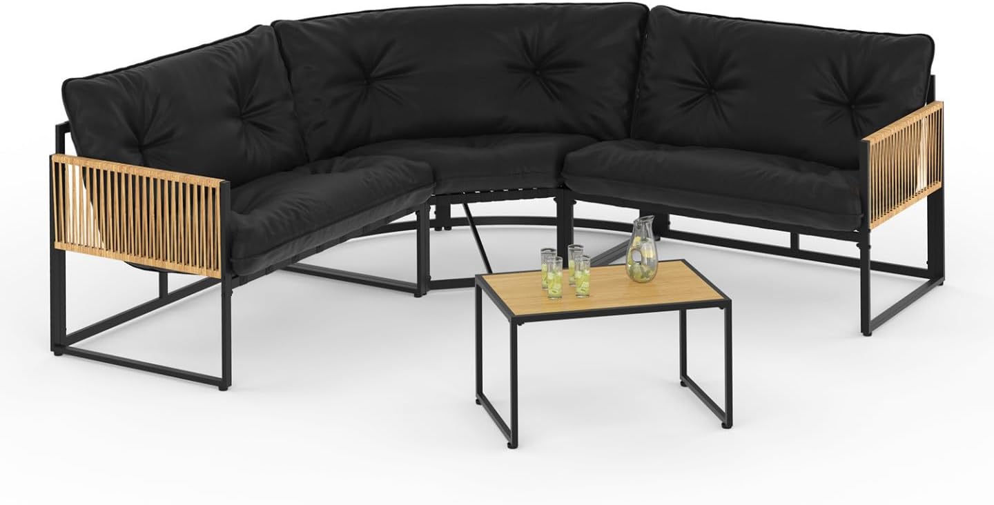 IDMarket - salon de jardin bas Rio - 6 places angle - métal et cordage rotin, coussins noirs