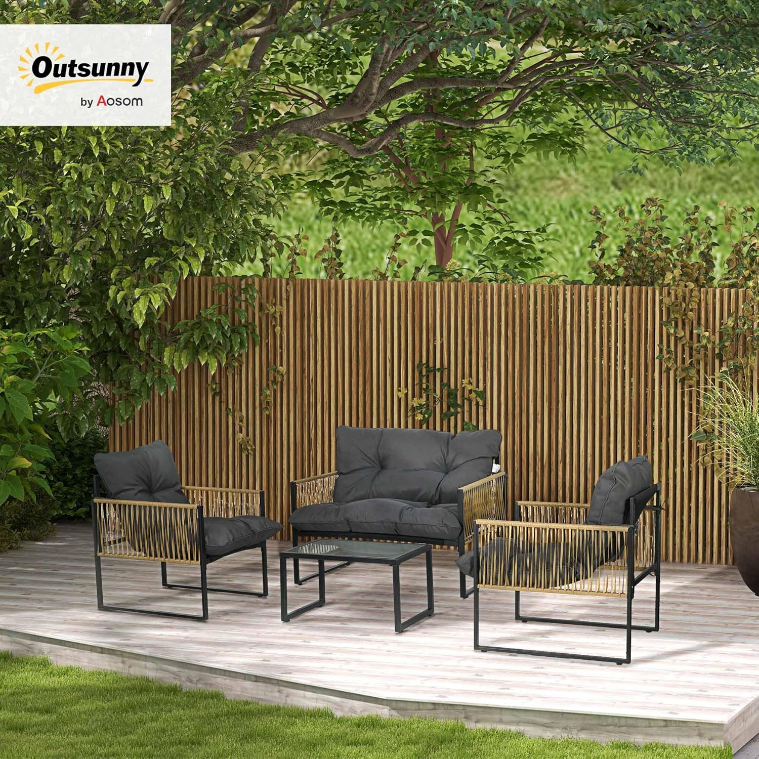 Outsunny - Salon extérieur 4 pièces, canapé 2 places, coussins gris, acier/résine, plateau en verre