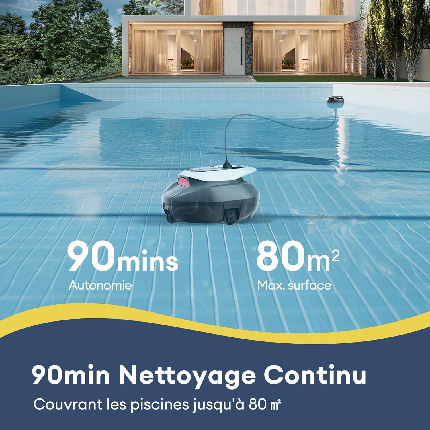 Ultenic Pooleco 10 Robot Piscine, 90Min, 80m², Robot Piscine sans Fil, Auto Stationnement, 3 Heures de Charge Rapide, Conception de Récupération sans Crochet, Convient à Une Large Gamme de Piscines