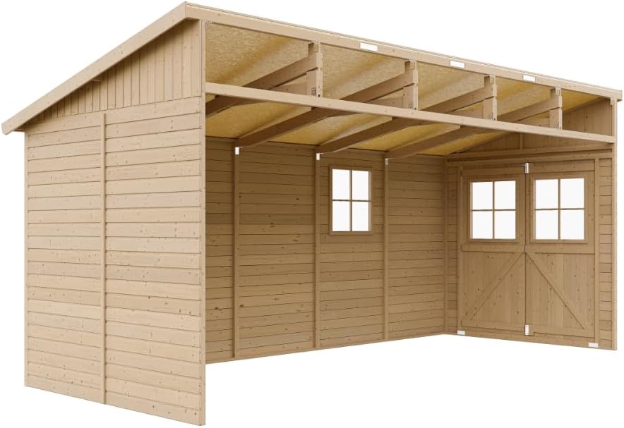 TIMBELA M341 Abri de Jardin en Bois Naturel (sans paroi latérale)- Stockage extérieur avec fenêtres- H244x216x513 cm/10 m2, Hangar en Bois Naturel - Atelier Rangement Outils et vélos The Forest Stewardship Council