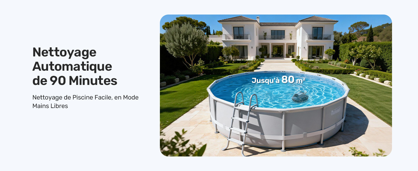 Le texte indique « Mini-compact et facile à transporter ». Propriété de vacances de luxe avec piscine et bâtiments de style méditerranéen entourés de jardins paysagers.