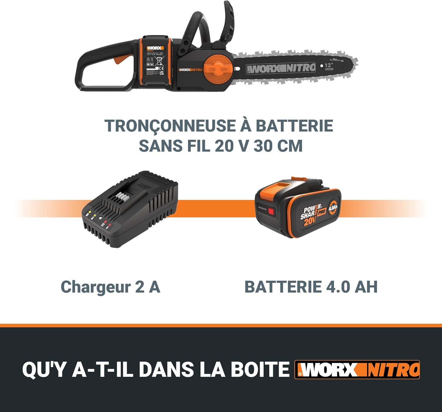 WORX - tronçonneuse sans fil 20V - guide 30cm - moteur brushless, lubrification auto, WG350E