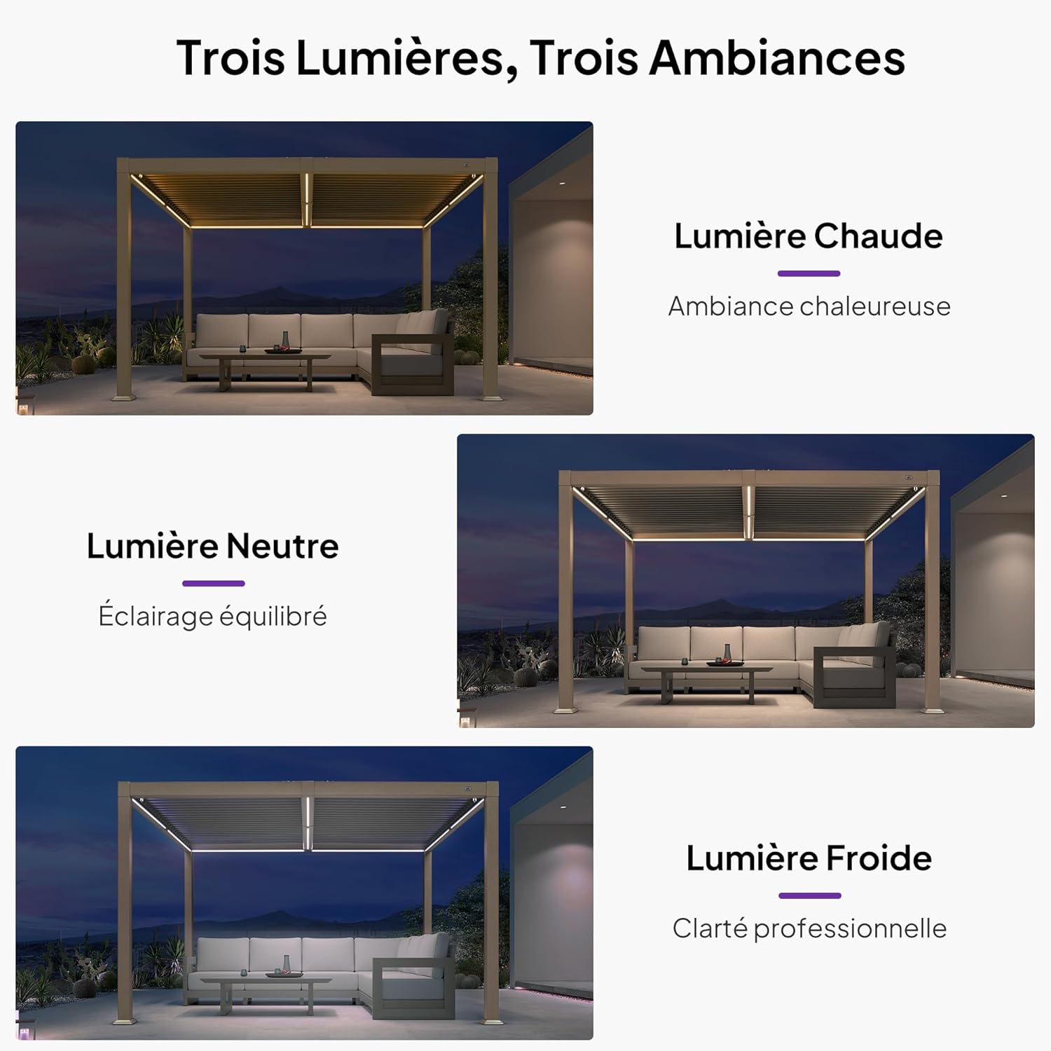PURPLE LEAF - Pergola bioclimatique - 3x3,65m - LED, alu, lames orientables, étanche, anti-UV