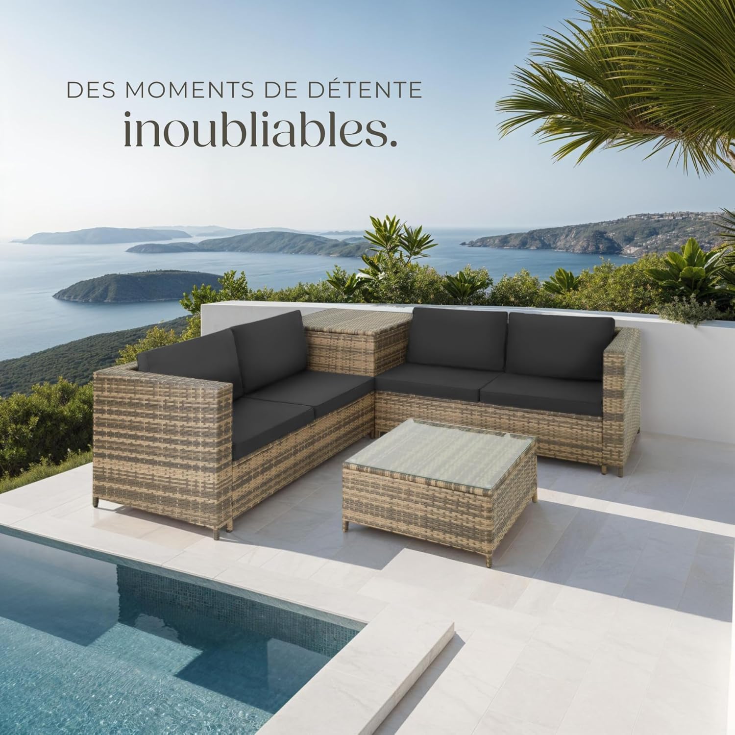tectake - Ensemble salon Poly Rotin 4 pers. modulable, coffre, verre